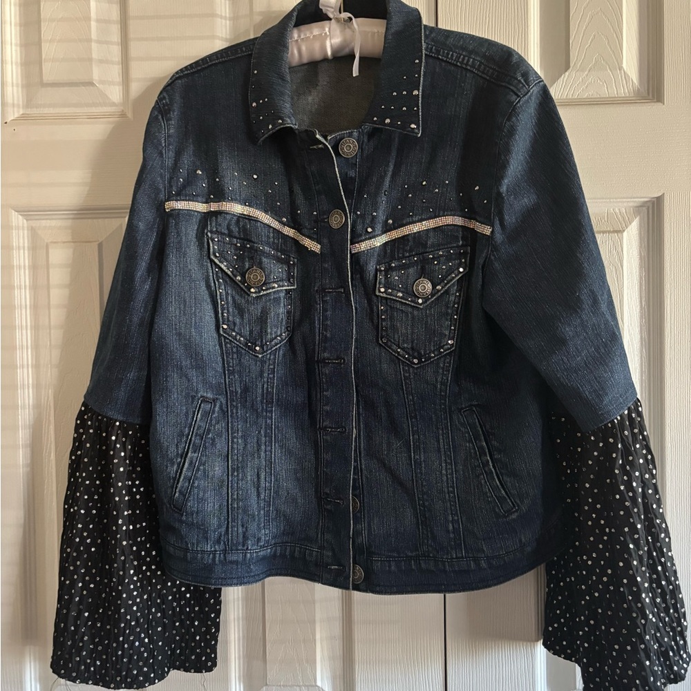 Studded Blue Denim Jacket with Black Flared Sleeves
